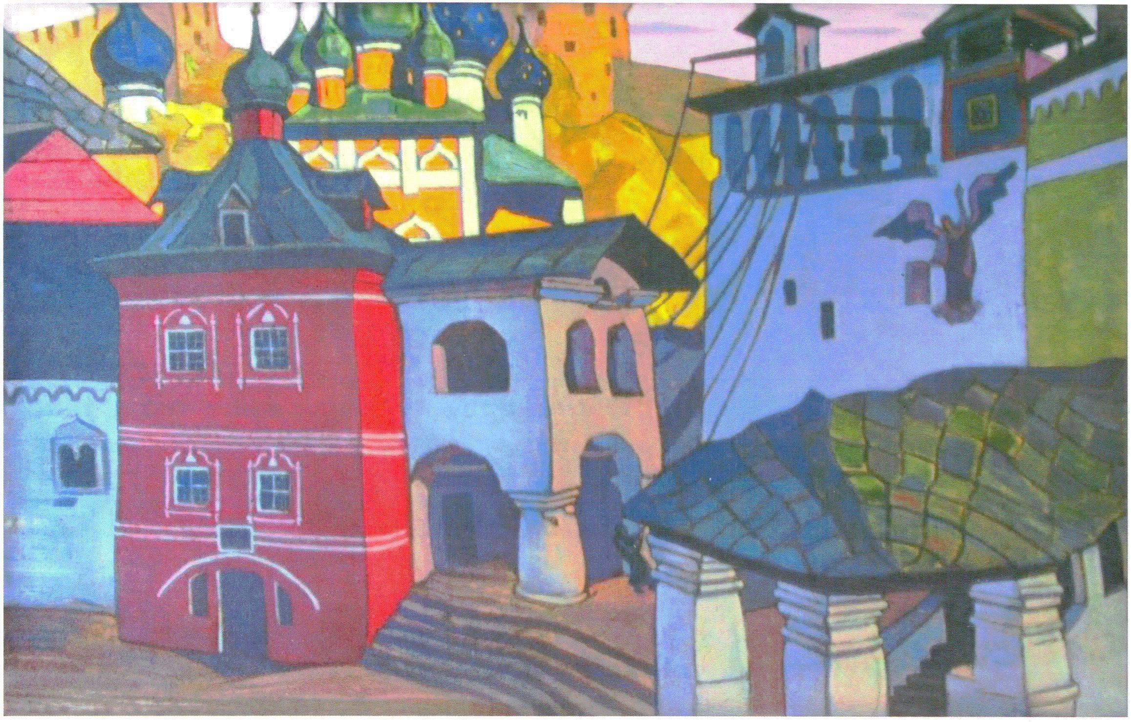 Картина изображает здания Печорского монастыря в утренний час
