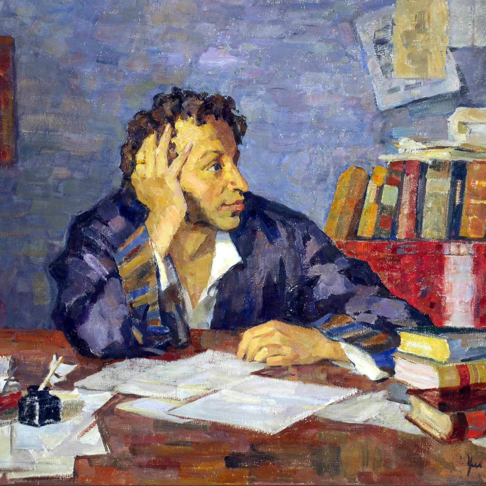 На картине изображен поэт, сидящий за столом. Он задумчиво смотрит в сторону, подпирает рукой голову. На столе рукописи, сбоку и сзади лежат книги.